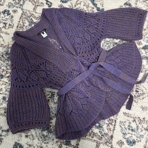 NEW Nanette Lepore Mohair Purple Knit Crochet  Peplum Tie Waist Sweater Size M